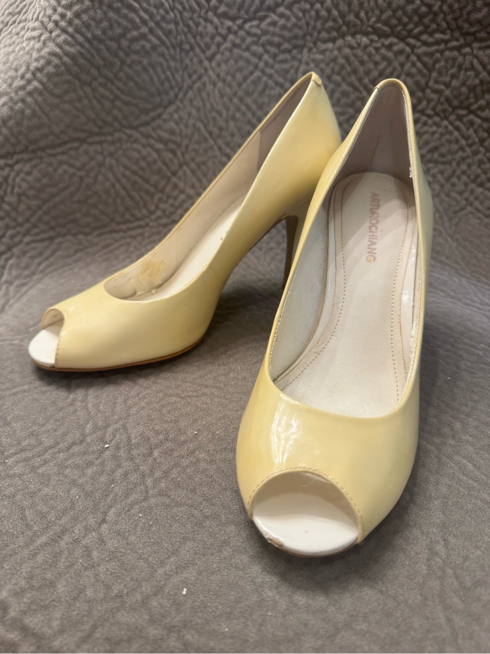 Peep-Toe Patent Pumps in Pale Yellow